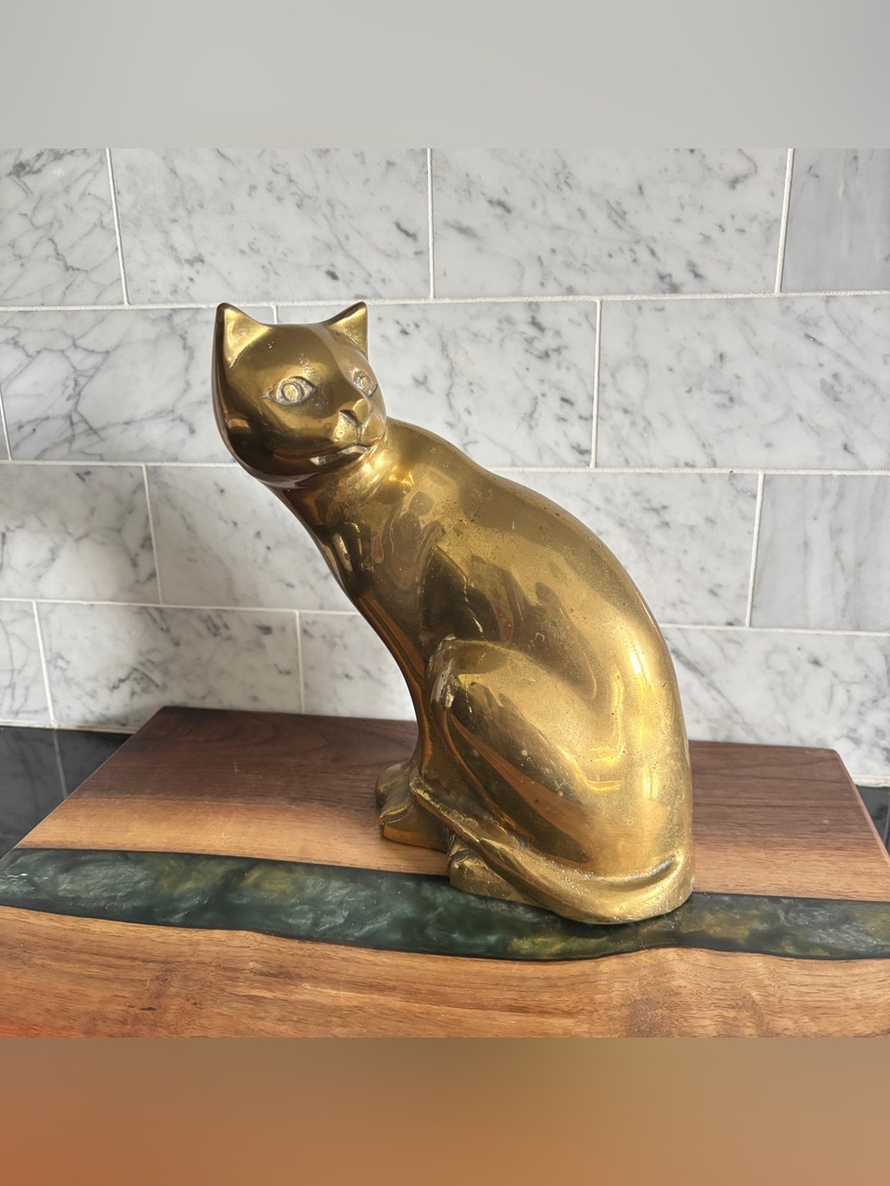 Vintage 8.5โ Mid Century Brass Cat Figurine Statue